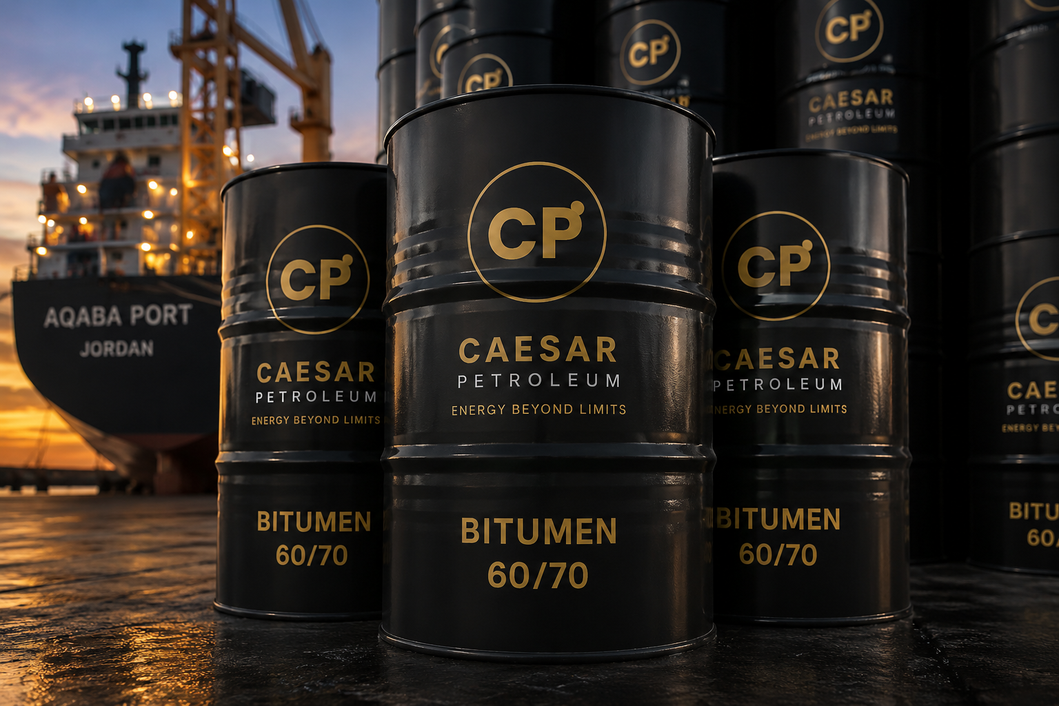Caesar Petroleum bitumen 60/70 steel drums at Aqaba Port